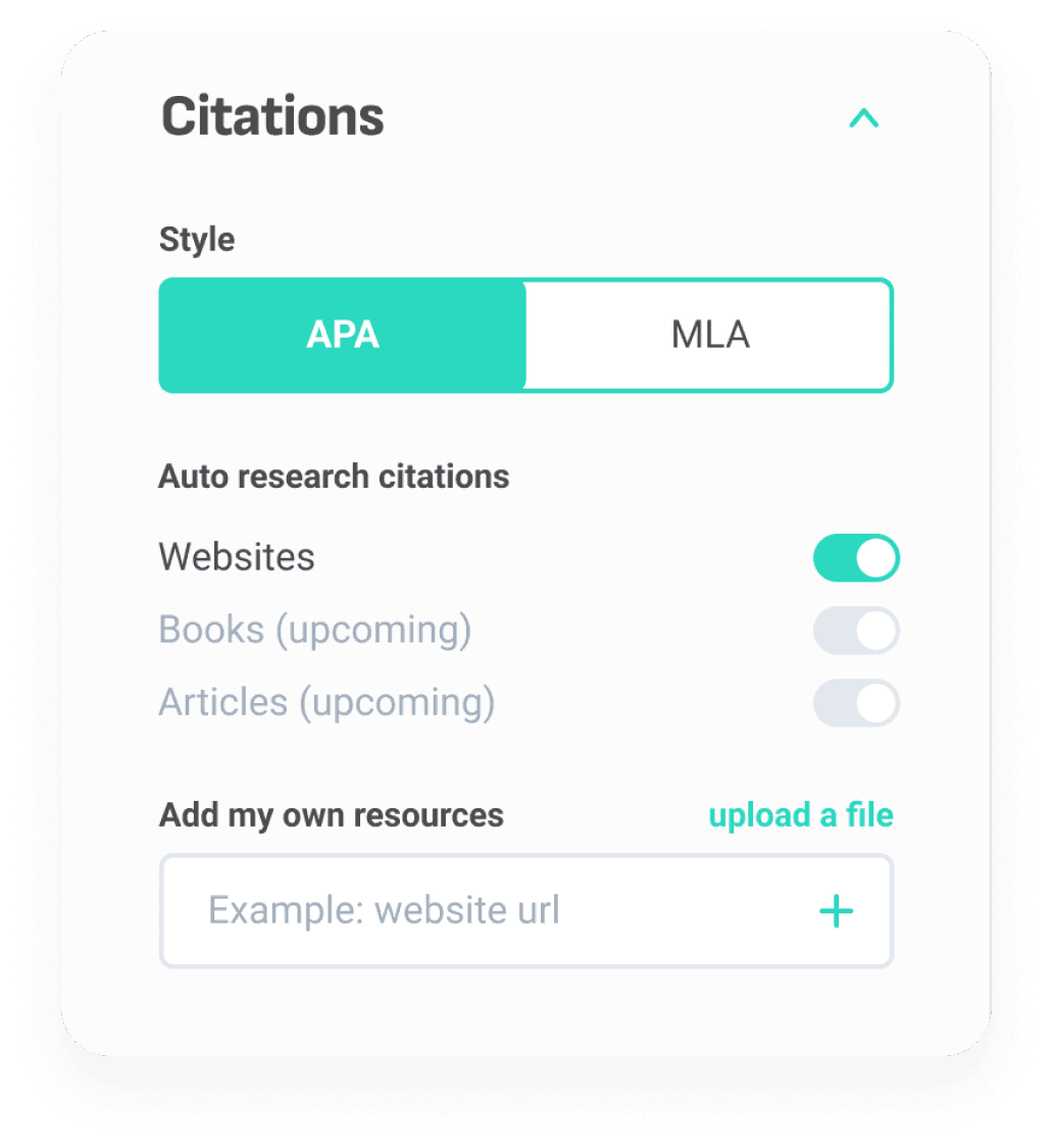 Screenshot of the Essay AI brainstorming flow, fully generated by AI. It shows an Introduction section, a Conclusion section, and a middle section with a list of ideas.